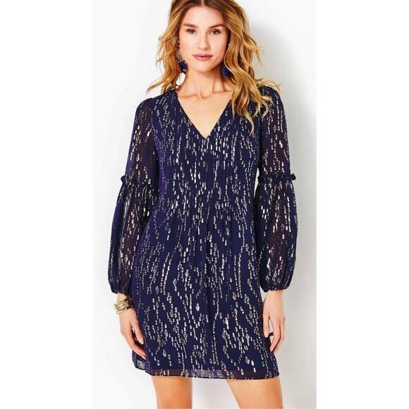 Lilly Pulitzer Dresses & Skirts - Lilly Pulitzer Cleme Long Sleeve Silk Dress Size 12 Navy Blue Metallic V Neck